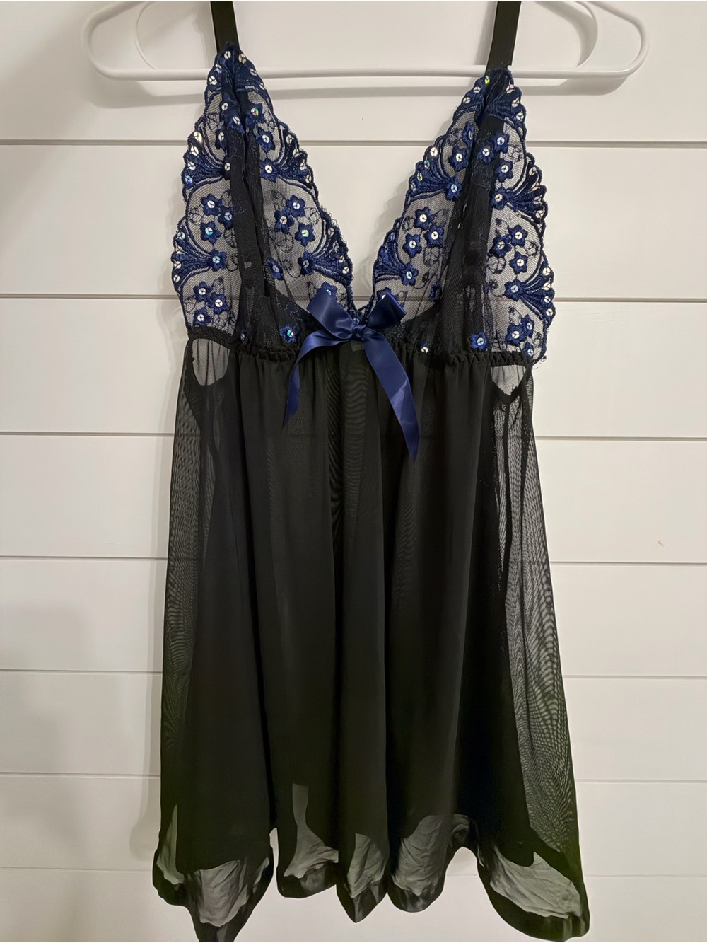 Sheer Black Babydoll Chemise with Navy Embroidered Cups
